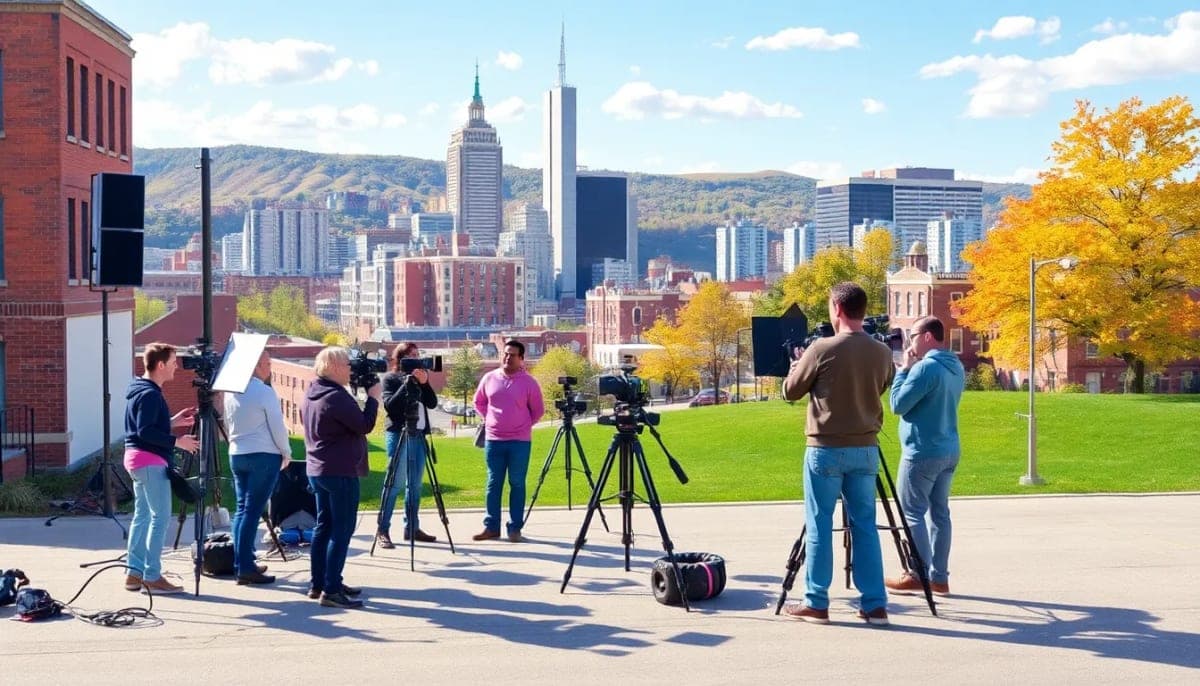 Film crew shooting on location in Yonkers, highlighting the city's film industry.
