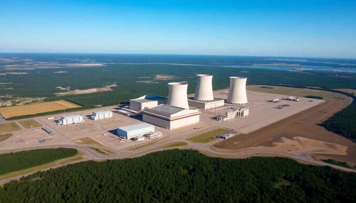 Aerial shot of Indian Point nuclear plant highlighting its structures.
