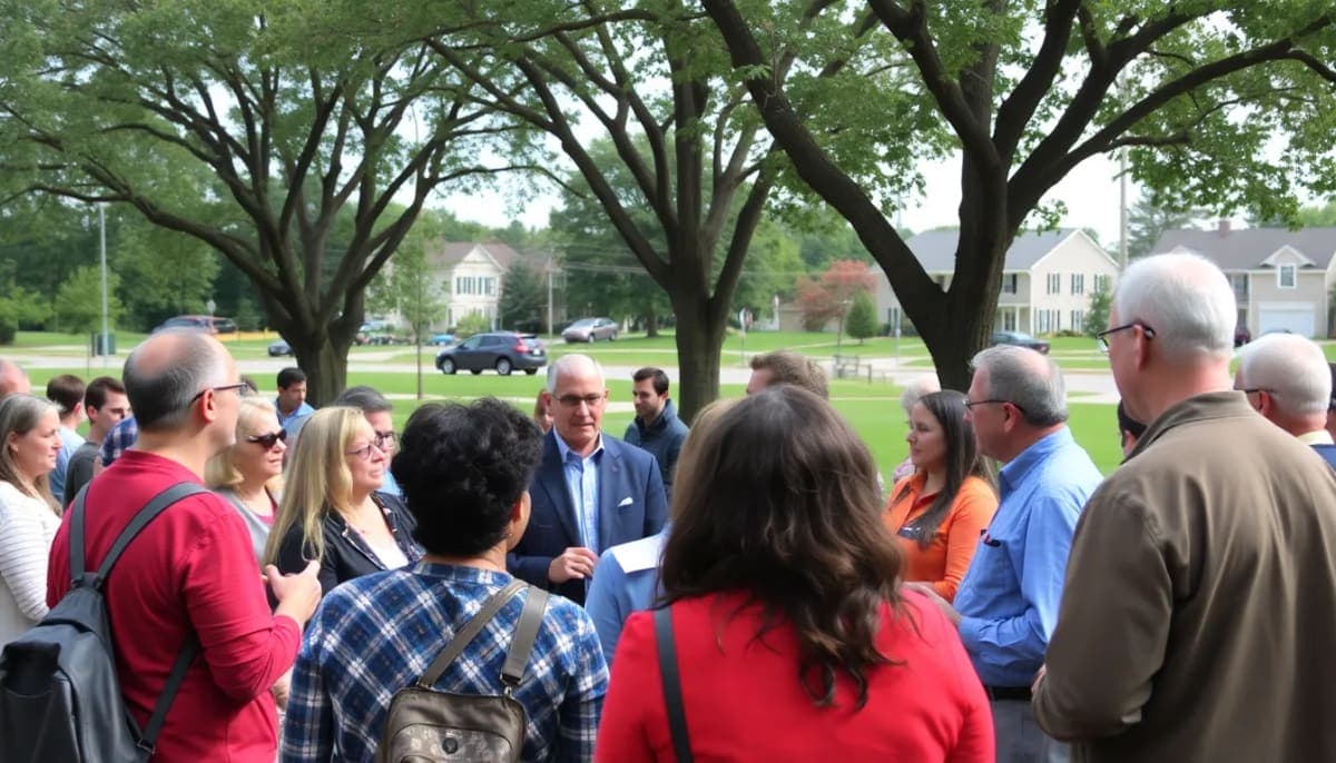 Residents of Mt. Pleasant engage in discussion about local elections outdoors.