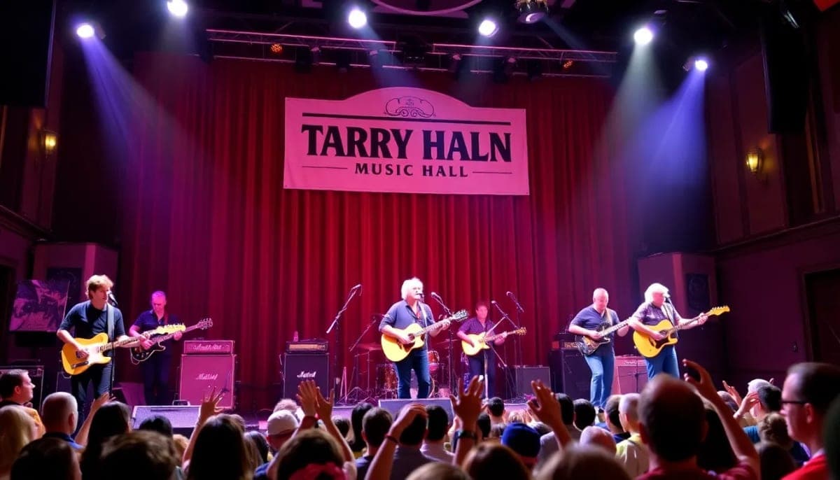 Musicians performing in Tarrytown Music Hall during a George Harrison tribute concert.