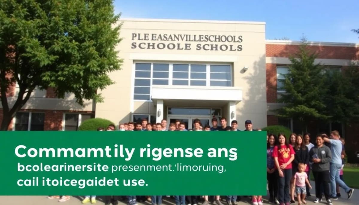 Pleasantville Schools building during a community event with students.