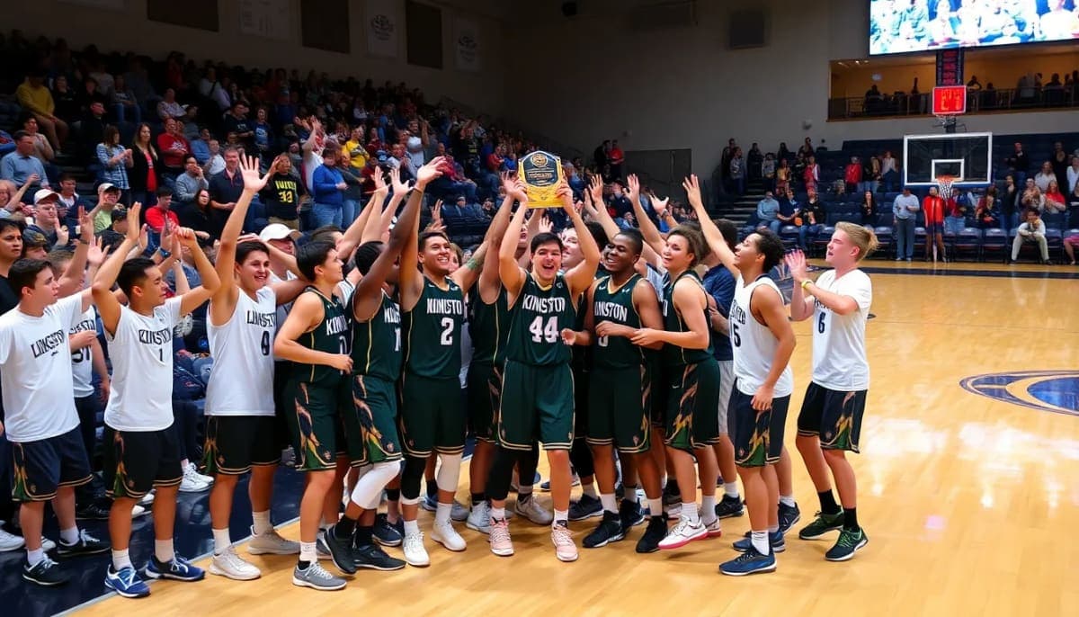 Kingston High School basketball team celebrates victory on court.