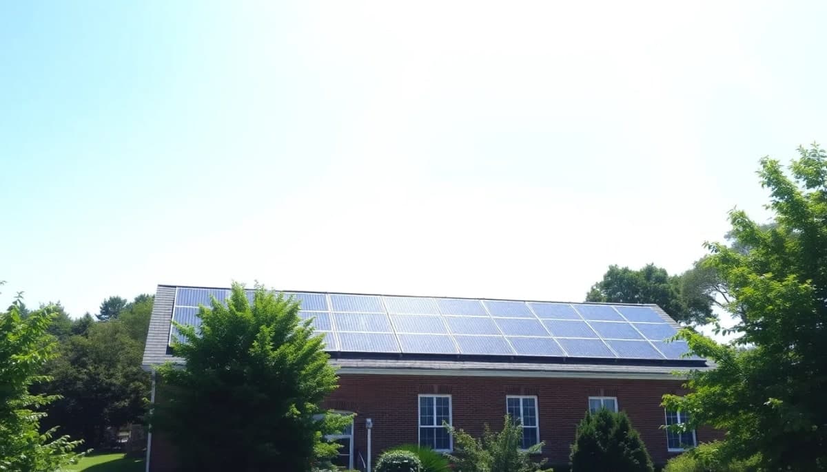 Chatham Town Hall showcasing newly installed solar panels surrounded by greenery.