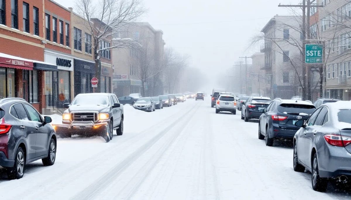 Snow-covered street in Yonkers with snowplows and cars.