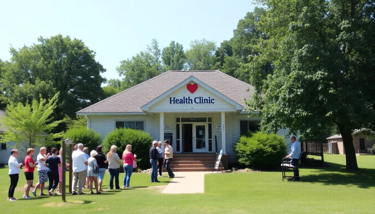 Rural health clinic in New York with people interacting outside.