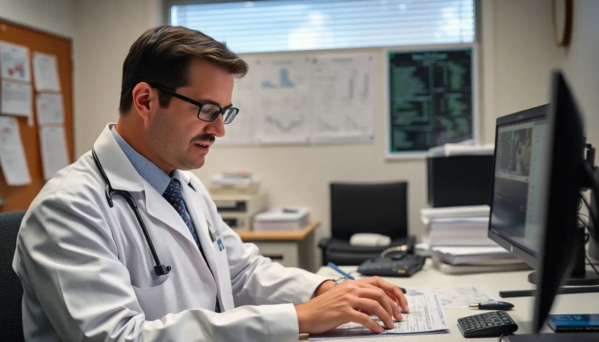 A medical examiner reviewing forensic data in a Westchester County office.