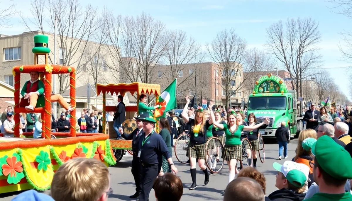 Crowd enjoying the St. Patrick's Day parade in Westchester with vibrant floats.