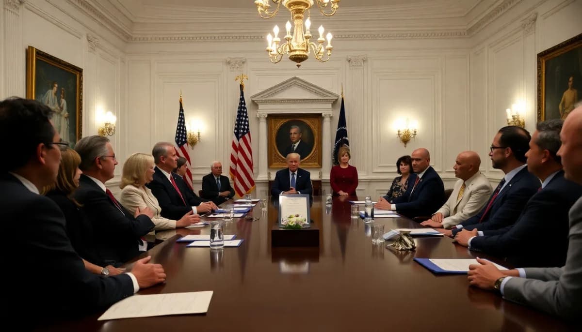 Diverse group of political leaders discussing election integrity in a formal setting.