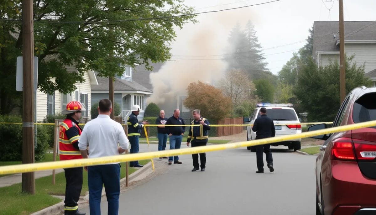 Emergency responders near a residential area affected by smoke devices.