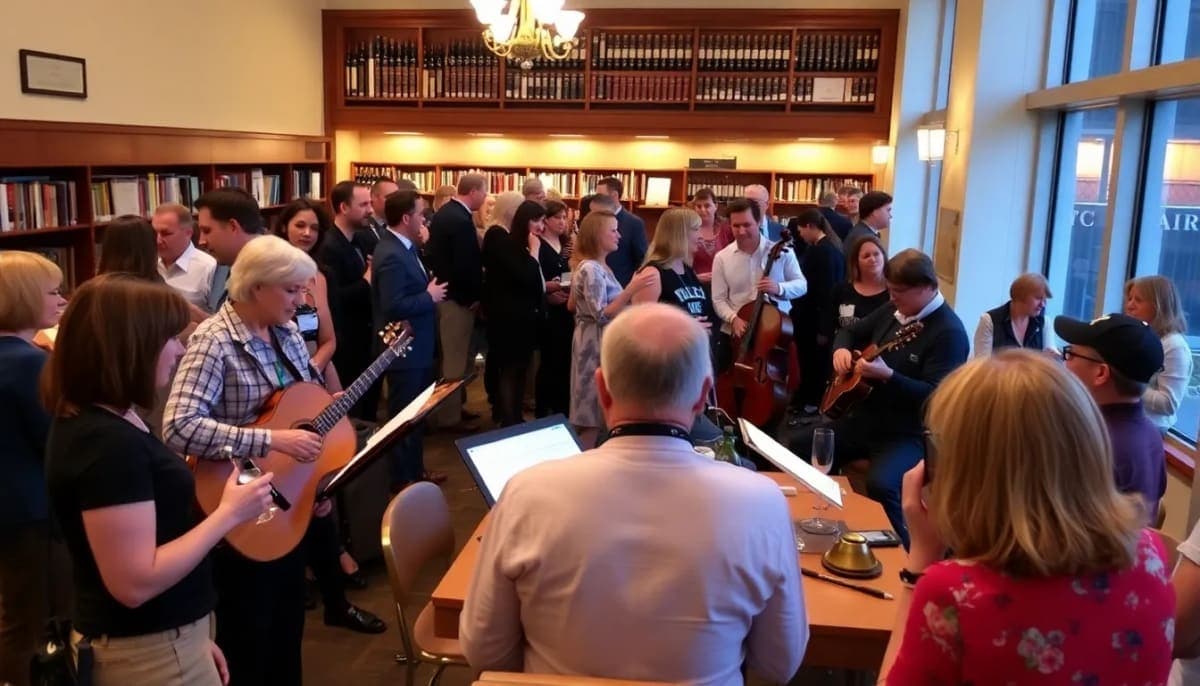 Participants enjoying wine and music at a New Rochelle fundraising event.
