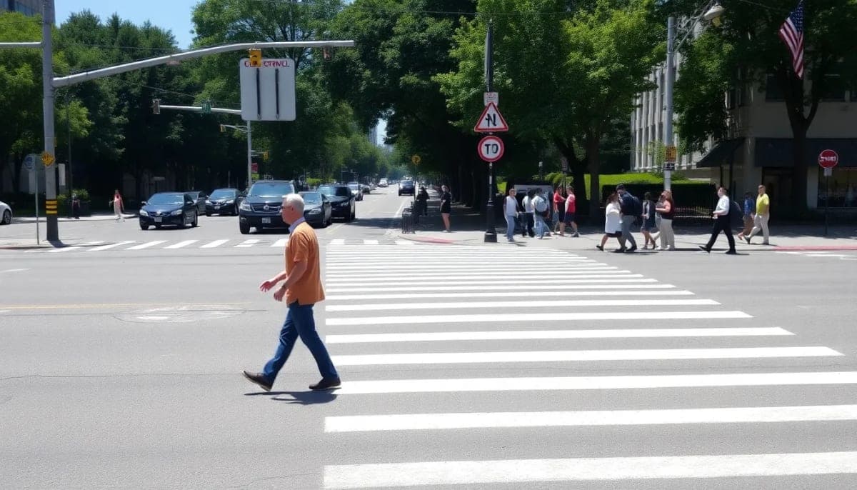 View of a crosswalk in Mamaroneck, highlighting pedestrian safety signs.