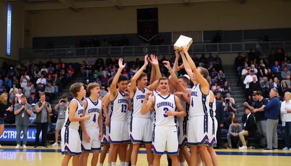 Cornwall High School basketball team celebrating their Class AA championship win.
