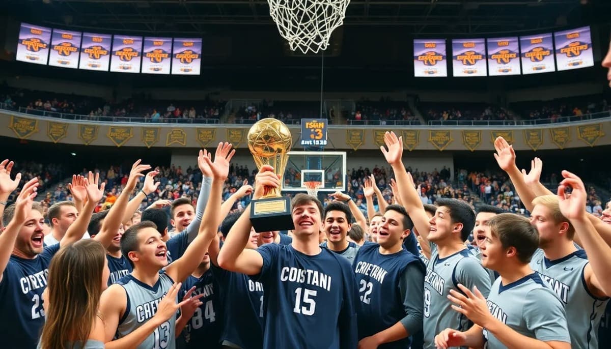 Celebrating Goshen basketball team with trophy in gymnasium during Class AAA final.