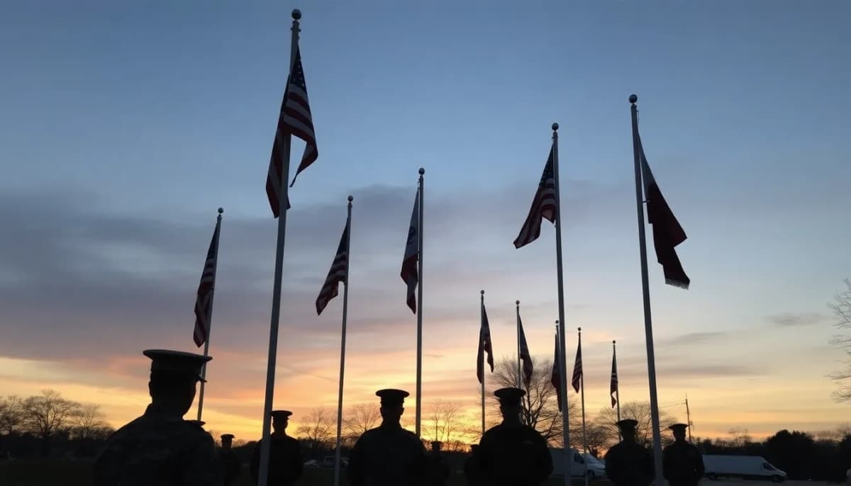 Military base in Westchester with flags at half-mast during conflict.