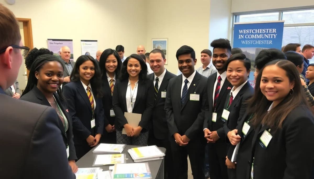 Students receiving suits at a Westchester community event for professional development.