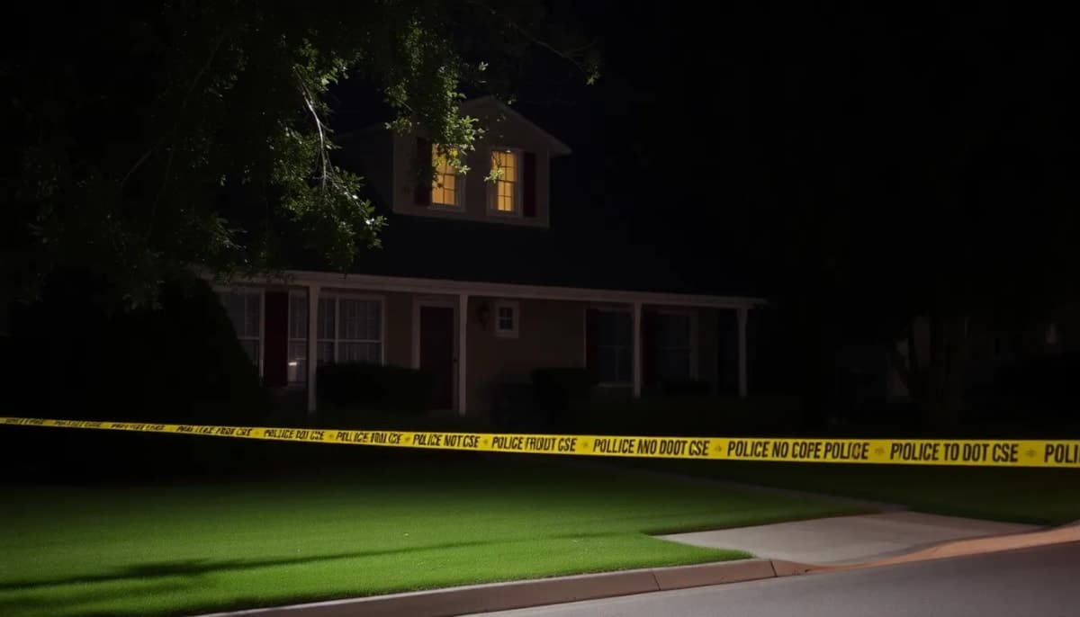 Exterior of a suburban home with police presence in relation to a crime investigation.