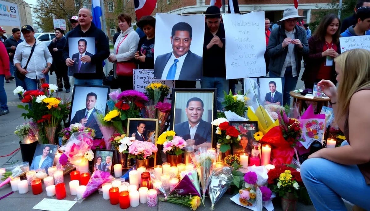 Tributes for Willie Colon in White Plains with fans, candles, and flowers.