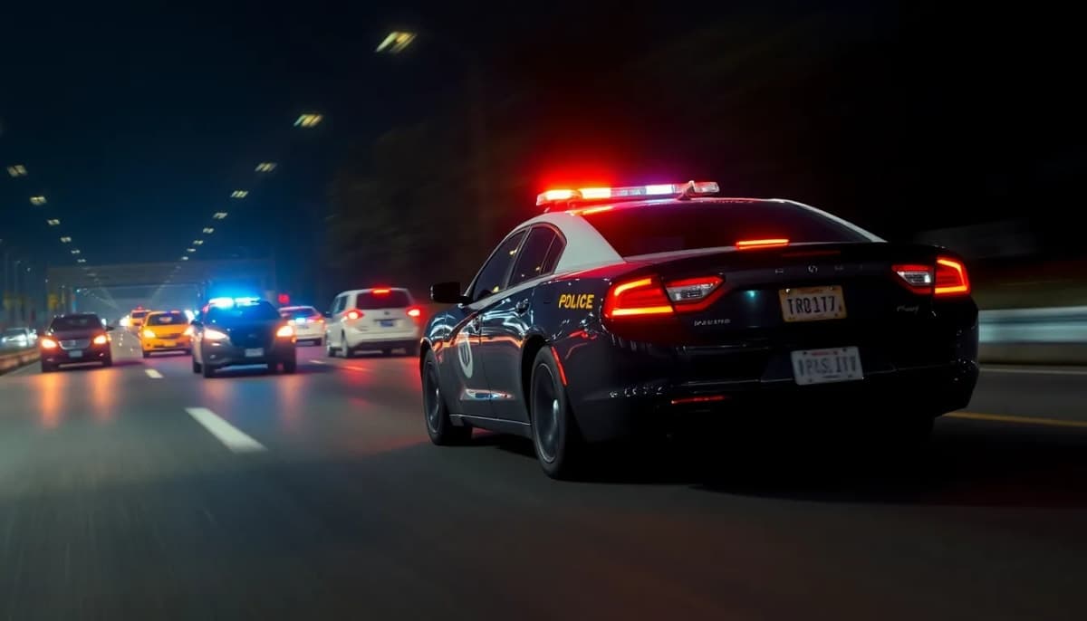 Police car lights signaling a high-speed chase scenario