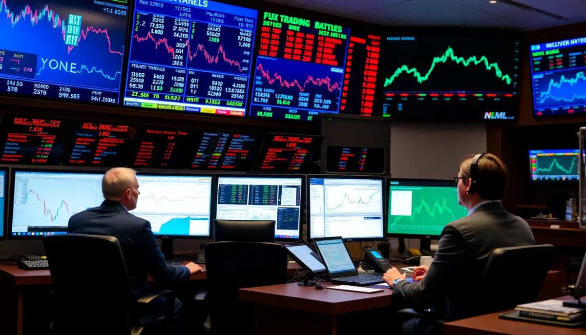 Stock trading office in Yonkers with brokers and financial screens.