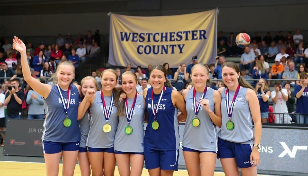 Young female athletes from Westchester holding gold medals at a sports event.