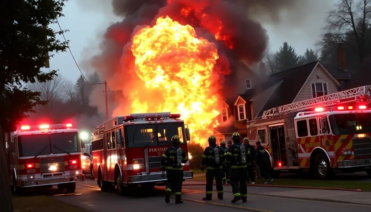 Firefighters combat a blaze in Pawling with smoke and flames in the background.