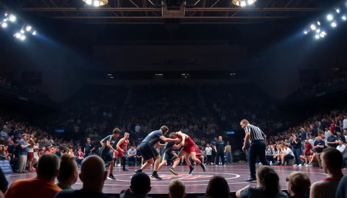 Wrestlers competing in a championship match with a cheering crowd.