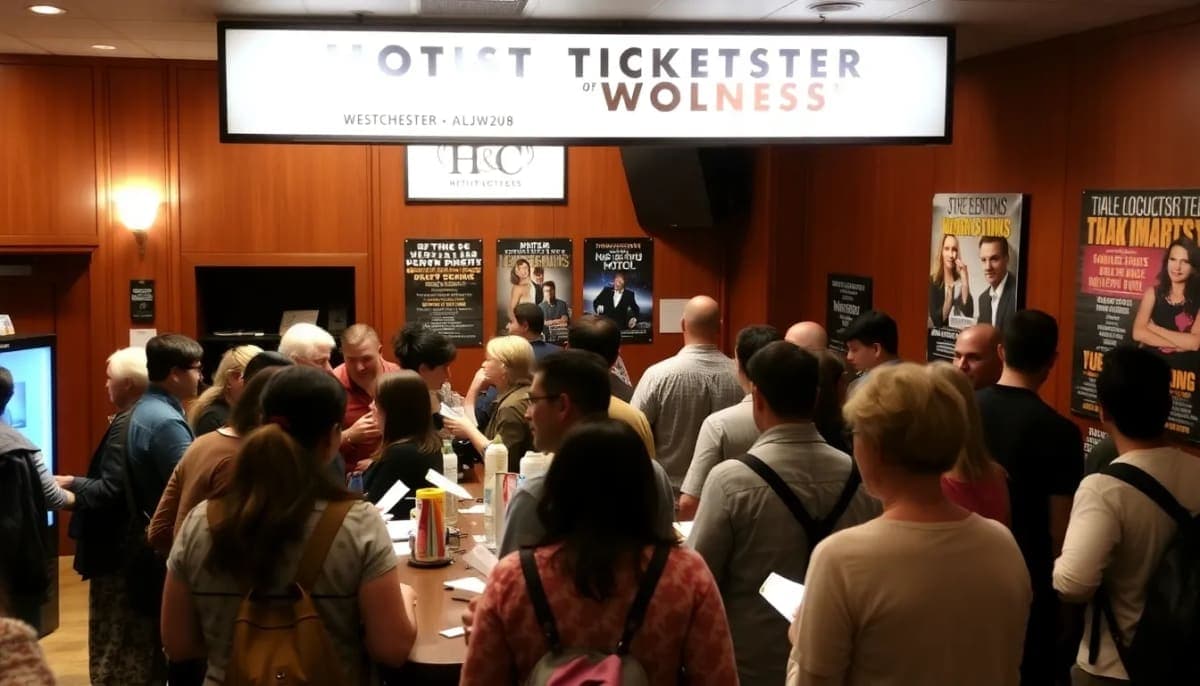 Crowd at a ticket counter in a Westchester concert venue, with event posters.