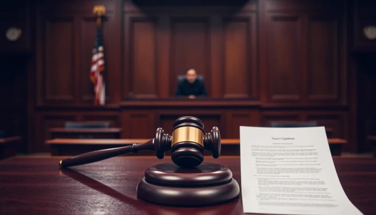 Courtroom setting depicting justice and legal proceedings related to a murder plot case.