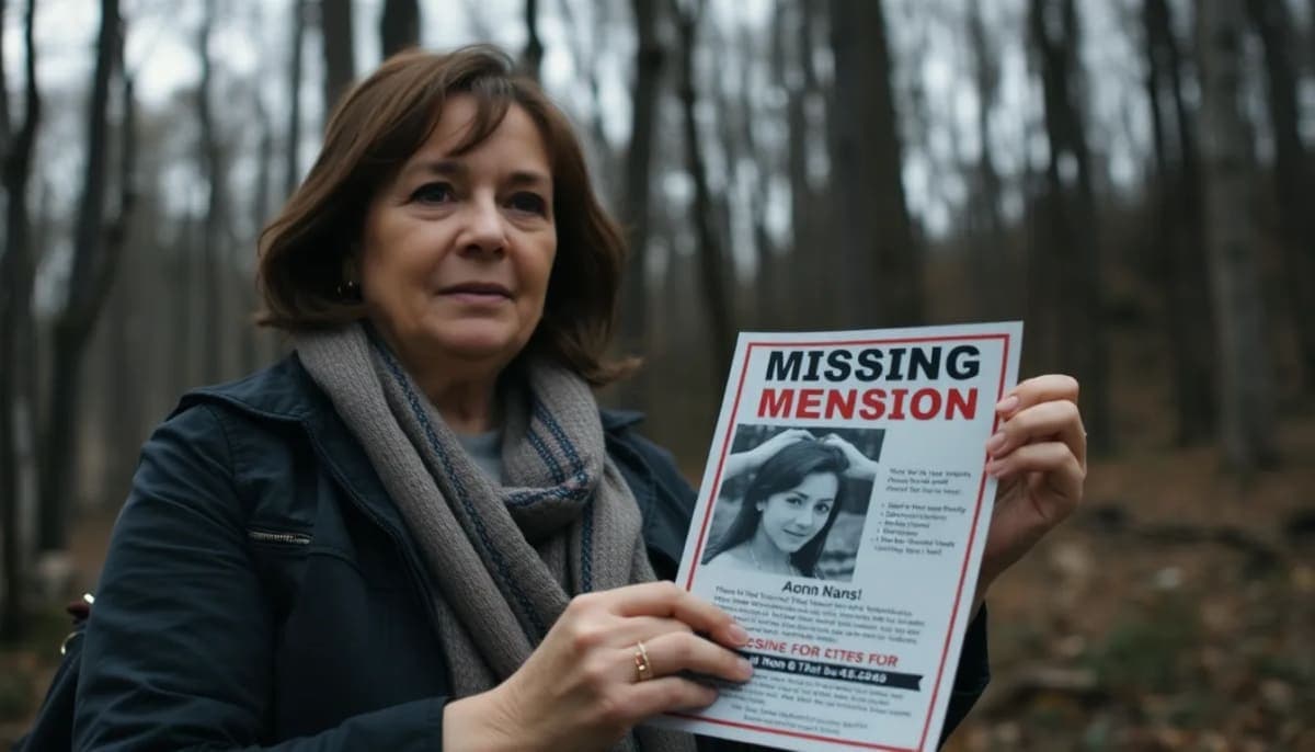 A mother holding a flyer of her missing son in a serene wooded area.