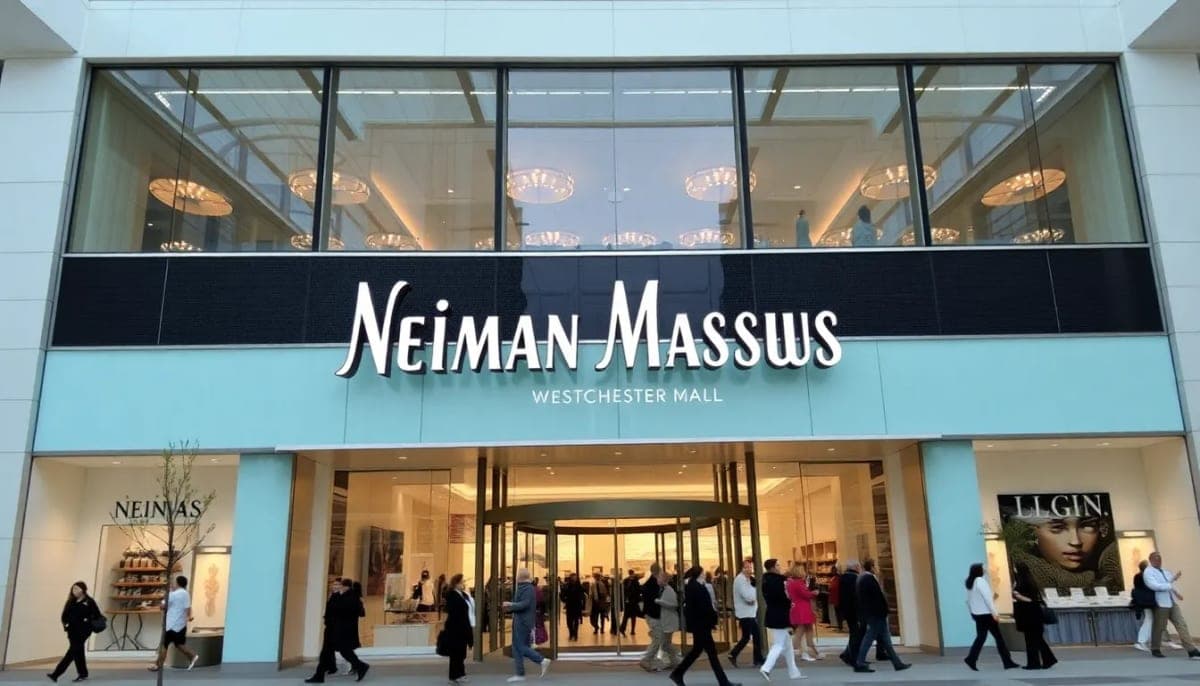 Neiman Marcus storefront at Westchester Mall with shoppers, illustrating local retail scene.