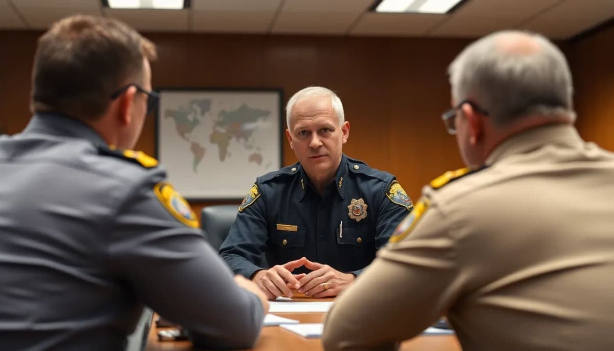 Police chief leading a meeting with law enforcement officers.