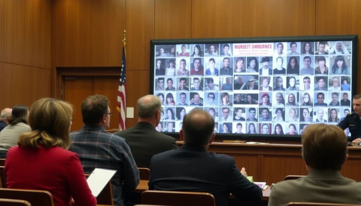 Jurors in a New Rochelle courtroom examining evidence related to a murder trial.