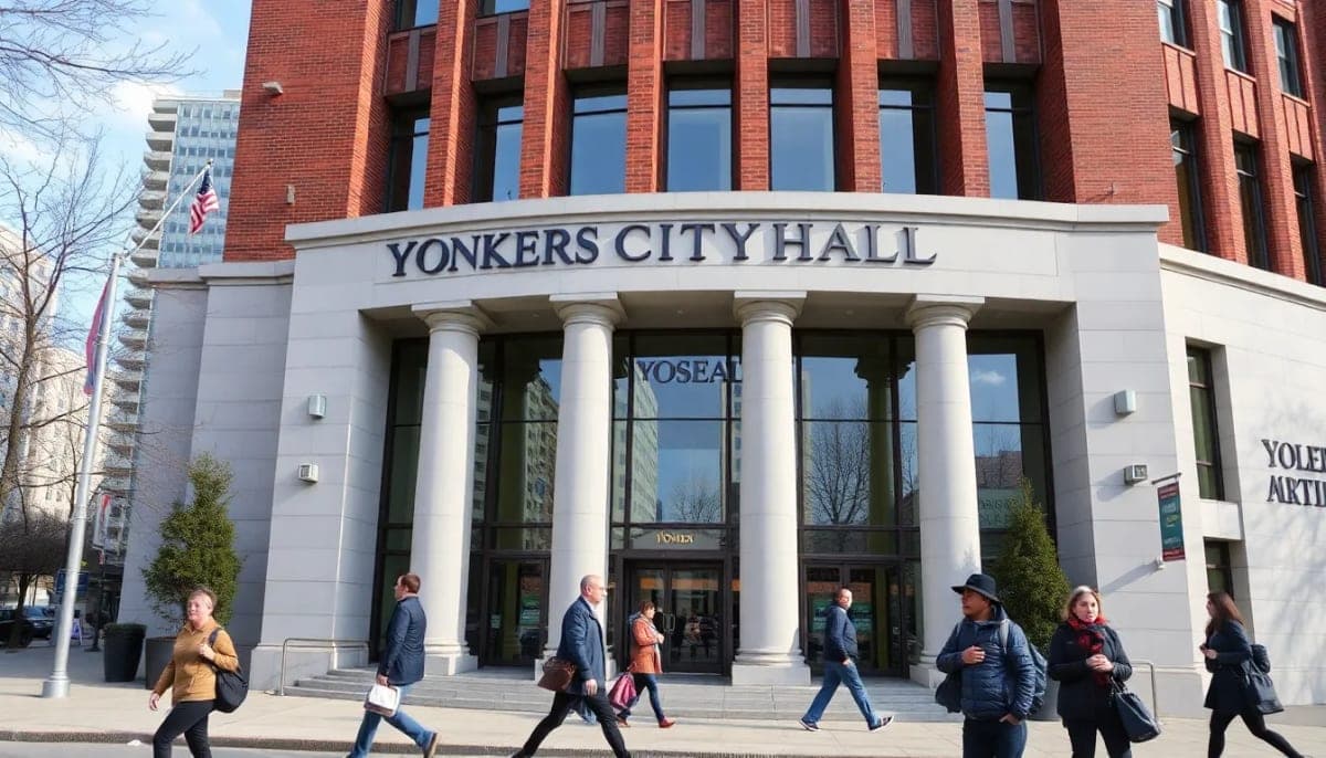Exterior view of Yonkers City Hall in an urban setting with people walking.