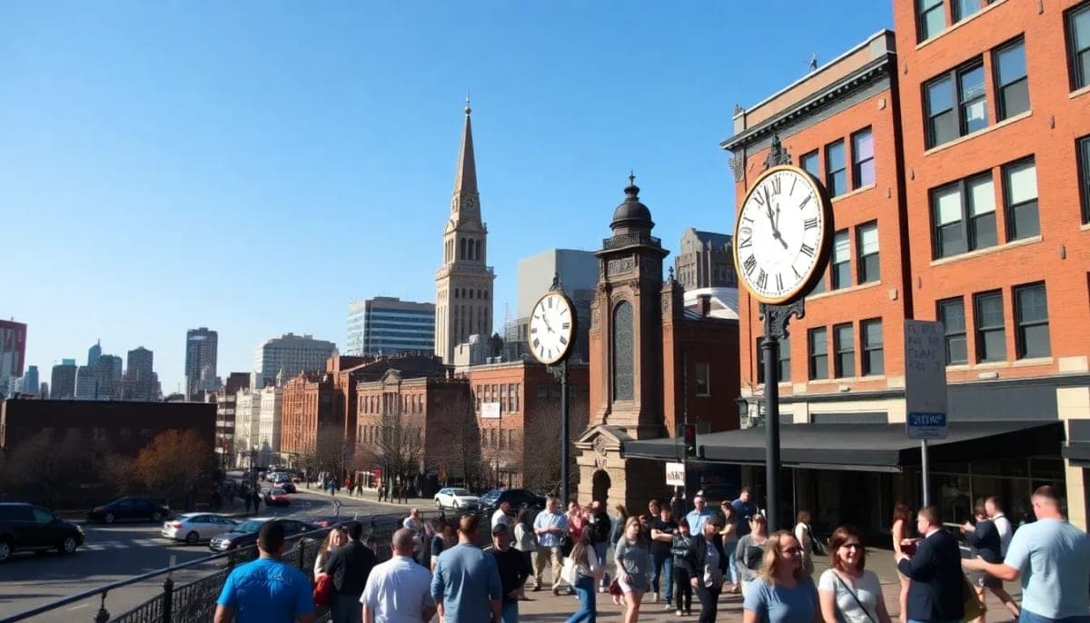 The iconic Syracuse skyline clock showing incorrect time amidst city life.