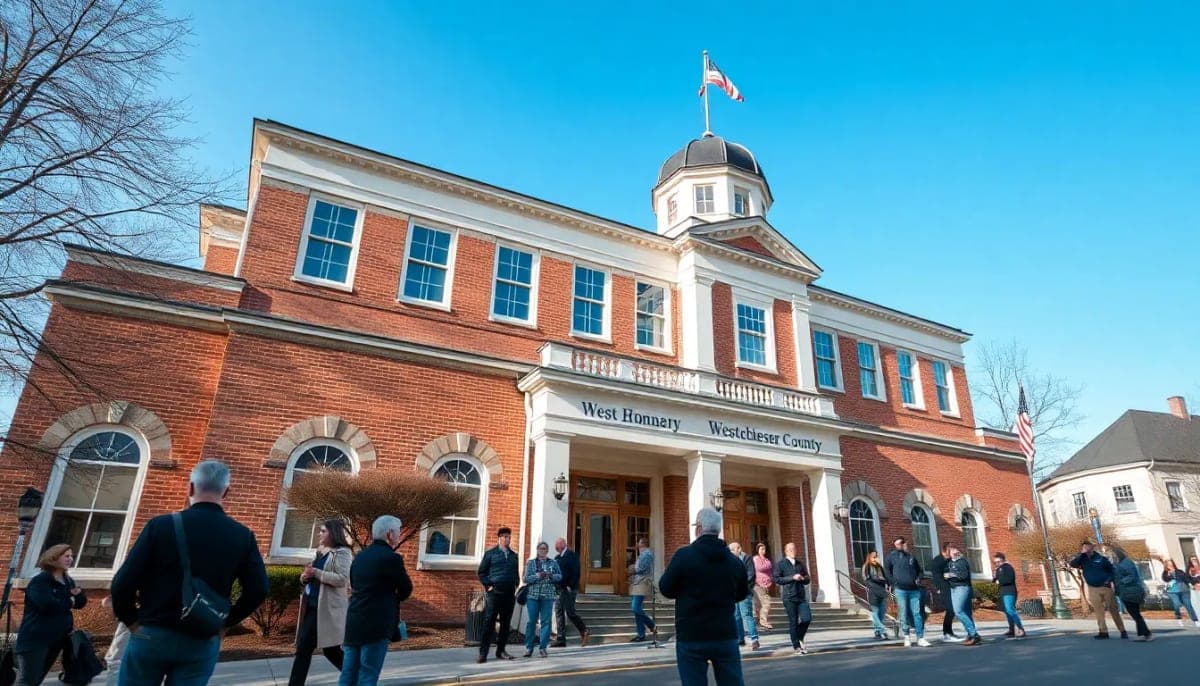 Westchester County legislative building with community members gathered.