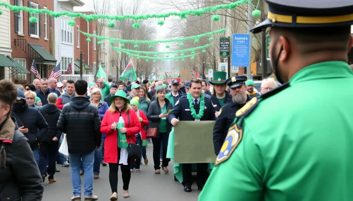 St. Patrick's Day celebration in Westchester with police presence for safety.