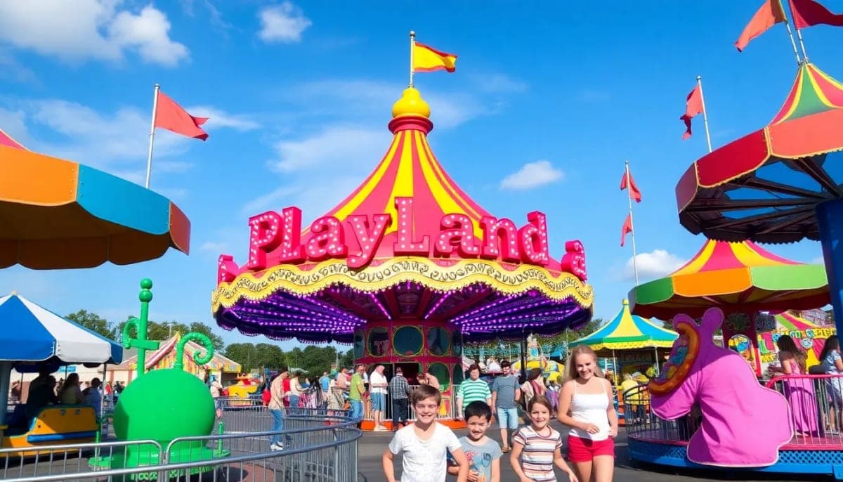 Playland Park in Rye, NY with colorful amusement rides and visitors.
