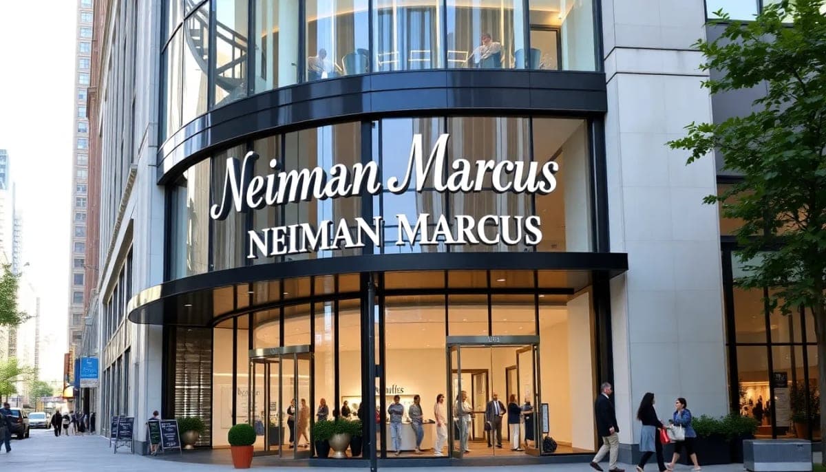 Exterior view of Neiman Marcus in White Plains, NY, with shoppers and city backdrop.