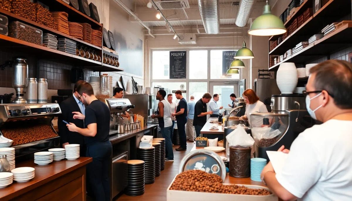 A busy coffee roaster in Yonkers with employees and coffee equipment.