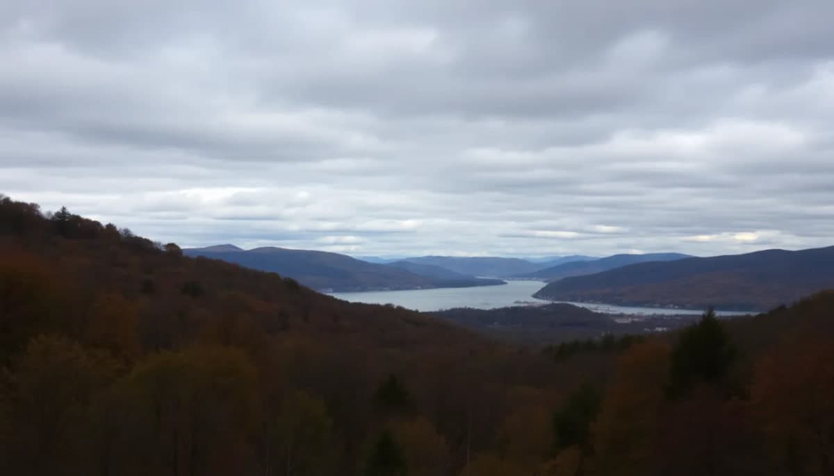 Scenic Sleepy Hollow, New York near the Hudson River with cloudy skies.