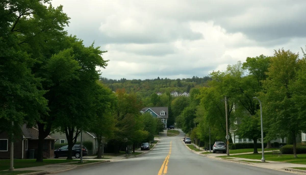 Quiet street in Sleepy Hollow after a minor earthquake event.