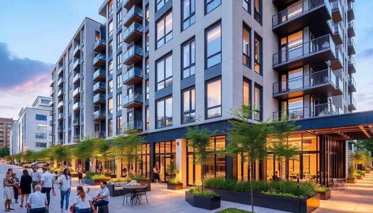 Modern apartment complex in White Plains, showing exterior and community features.