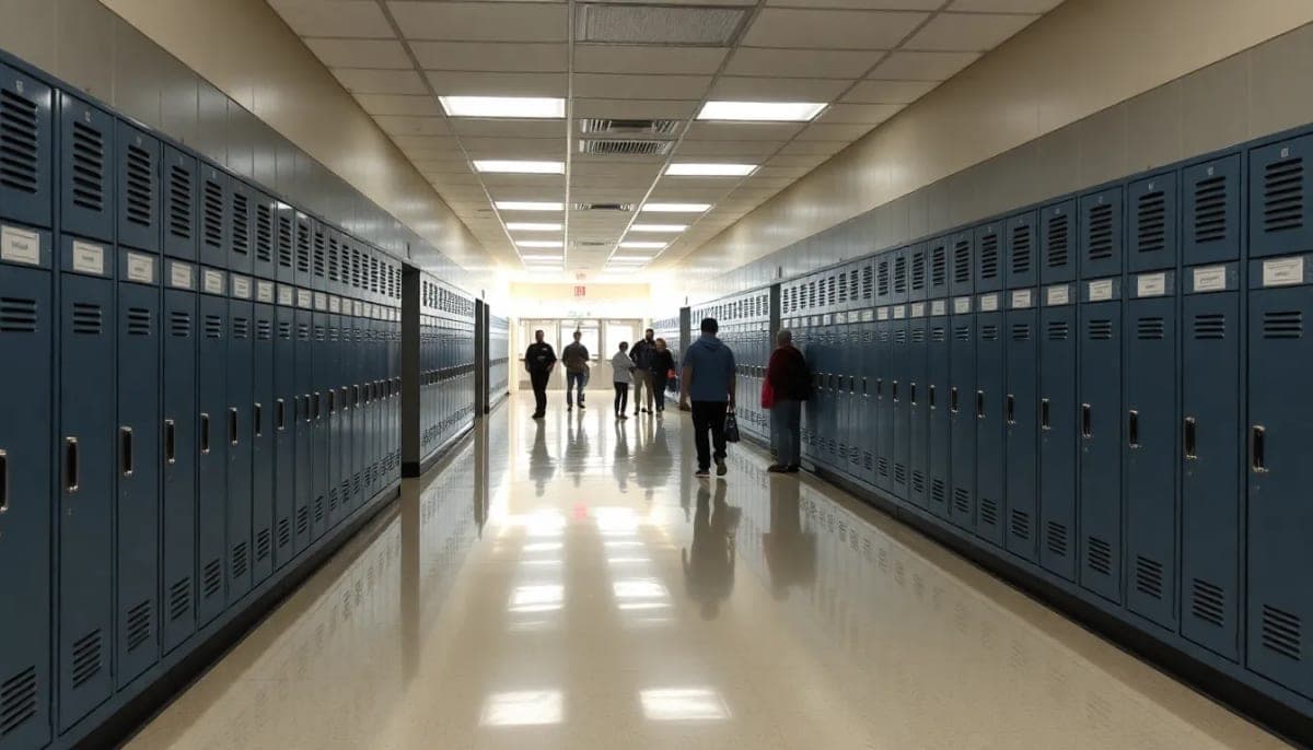 Interior of Newburgh Free Academy showcasing empty lockers, depicting school safety concerns.