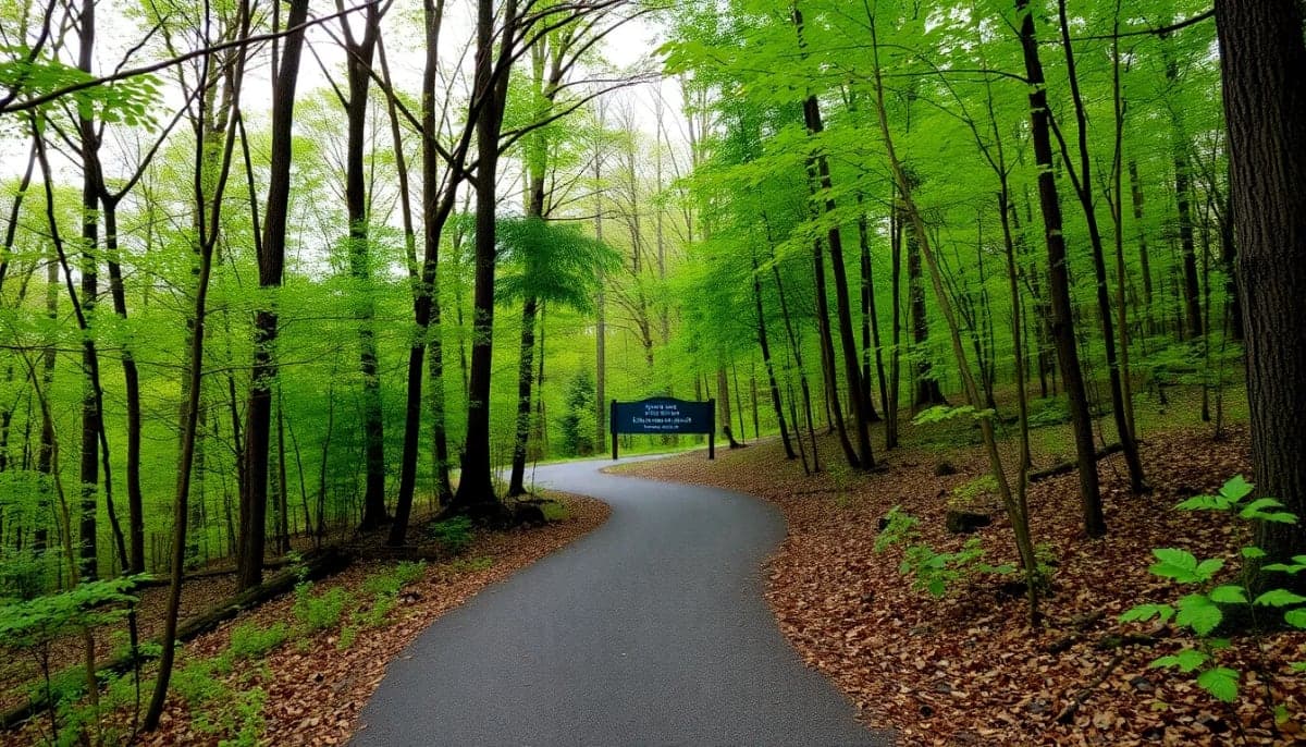 A tranquil wooded trail in Cortlandt, reflecting nature's beauty.