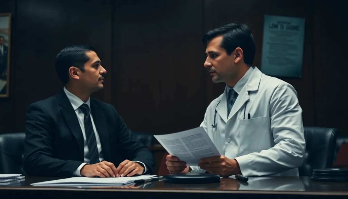Courtroom scene featuring dentists facing legal issues, emphasizing healthcare ethics.