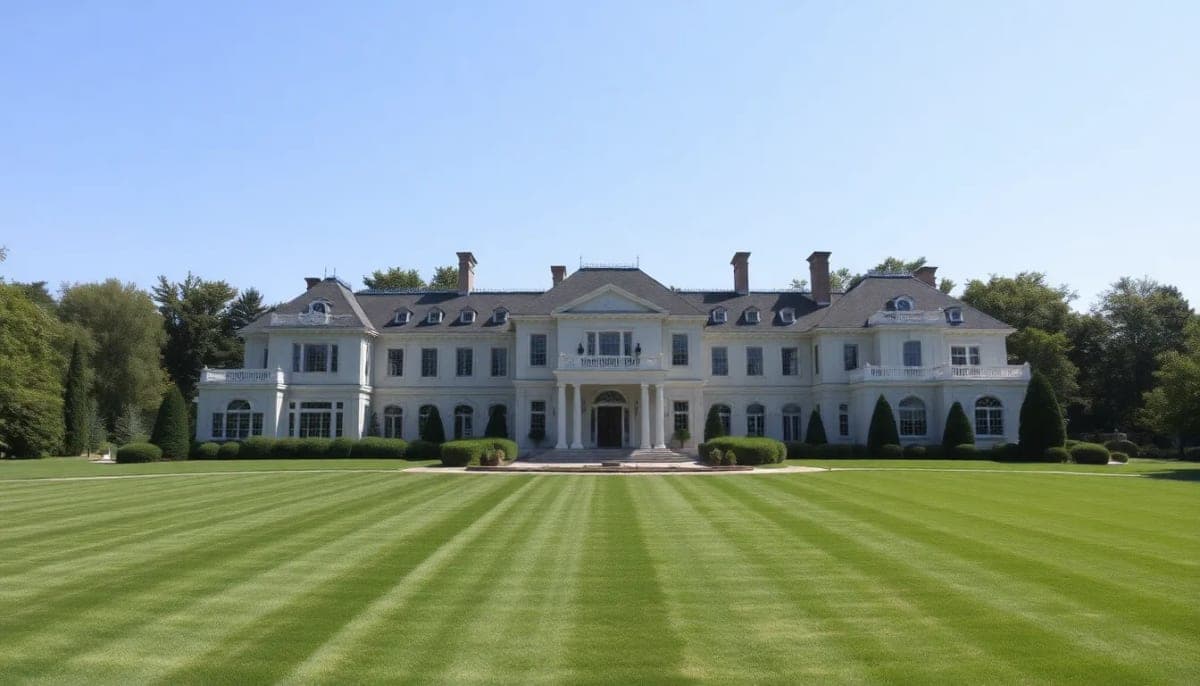 Luxurious estate for sale in Purchase, NY, highlighting its spacious grounds and elegant design.
