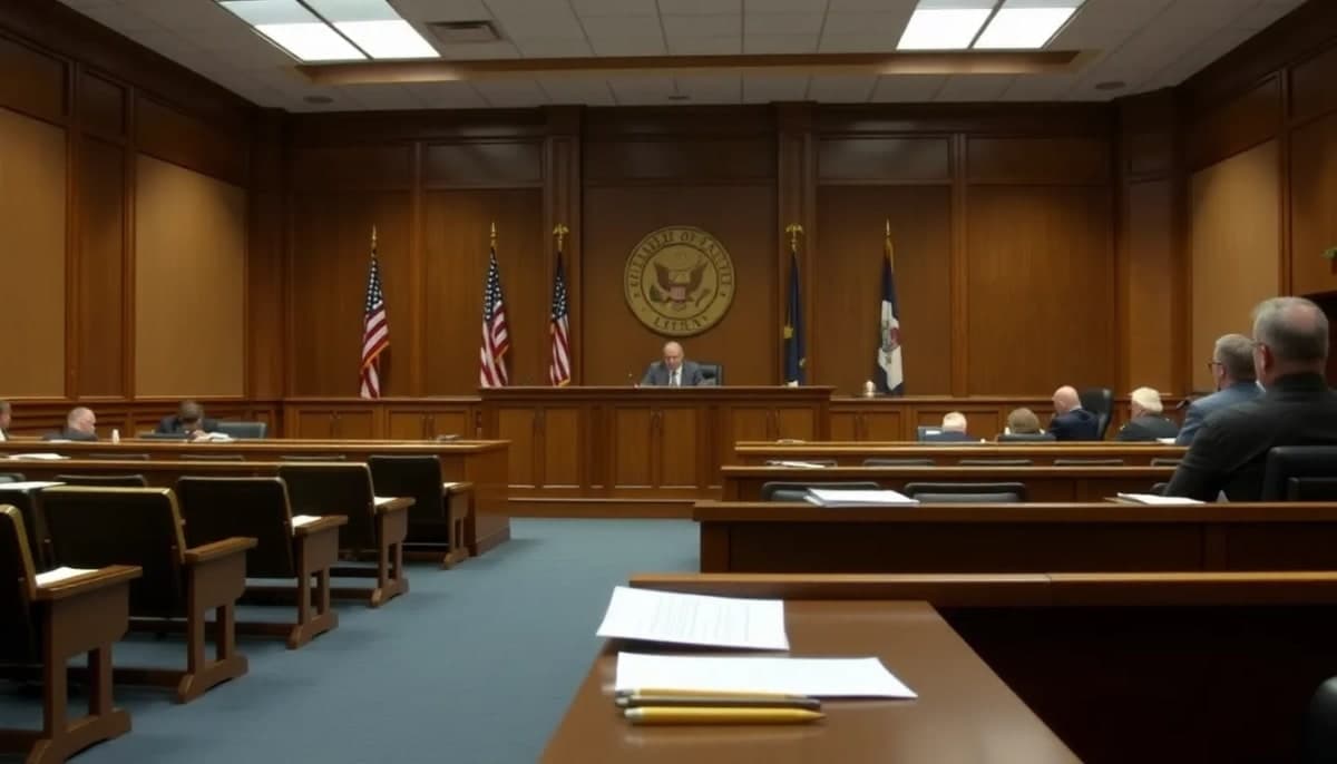 Courtroom scene during a high-profile trial related to gun violence in the U.S.