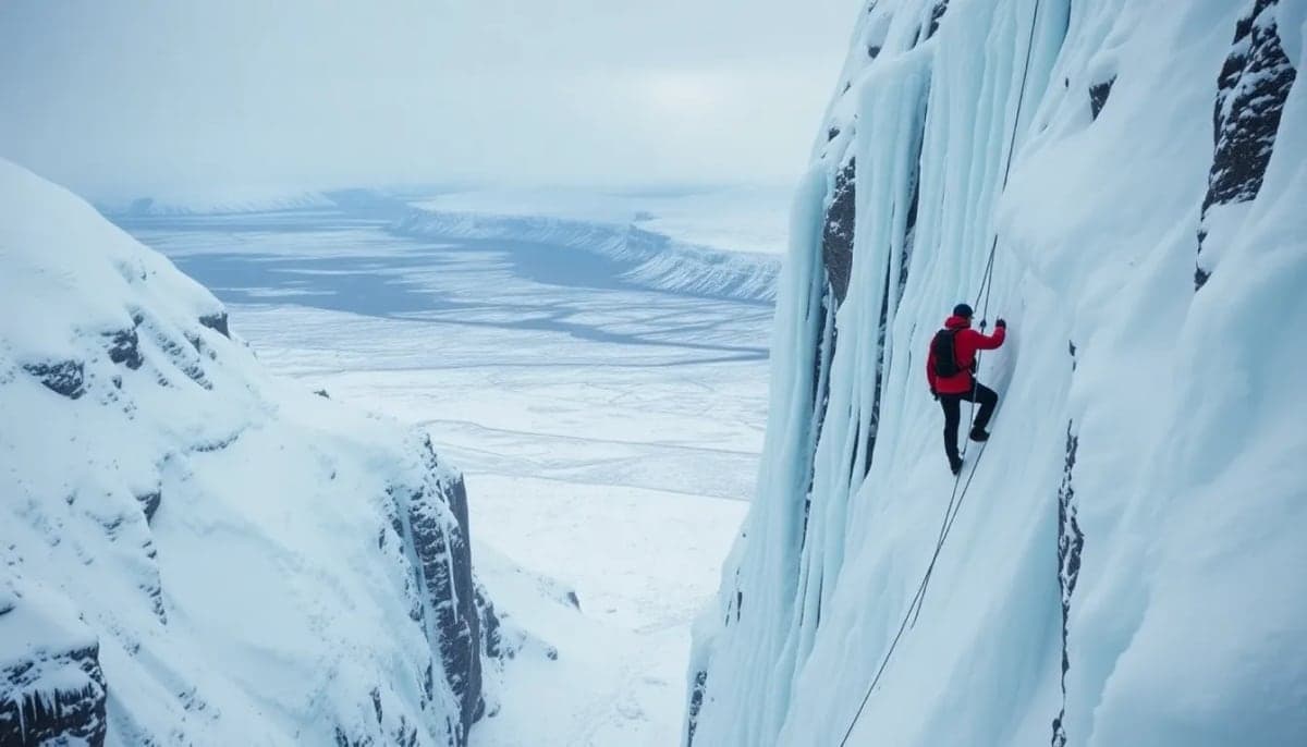 Ice climbers on a snowy cliff in the Scottish Highlands, showcasing adventure and risk.
