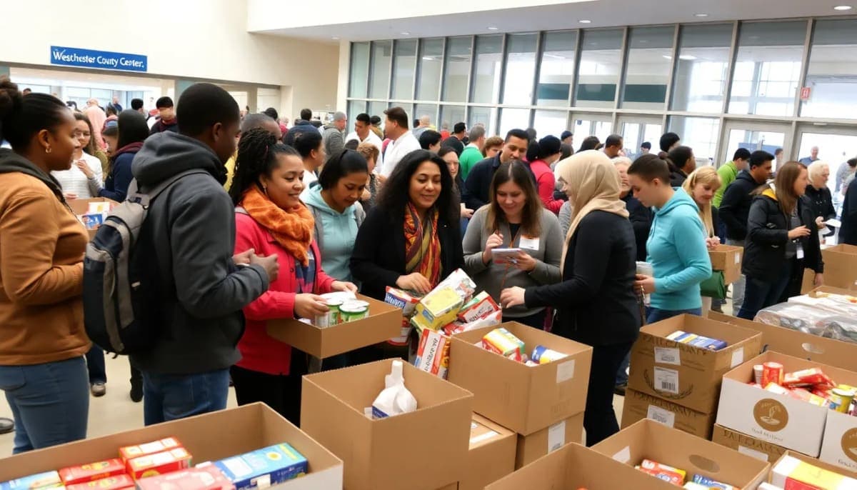 Volunteers and community members gather at a food drive in Westchester, collecting food donations.