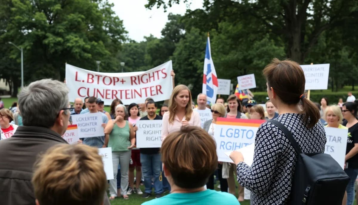 Cait Conley speaking at a LGBTQ+ rights rally in Westchester County.